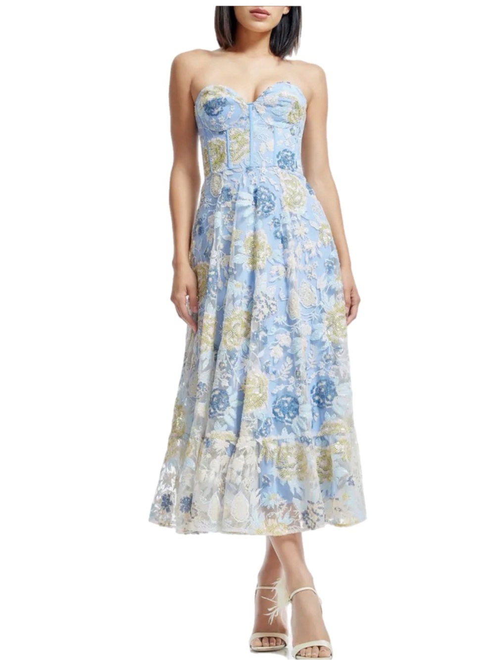 NWOT $428 MSRP Carina Sequin Applique’ Dress The Population Light Blue Midi